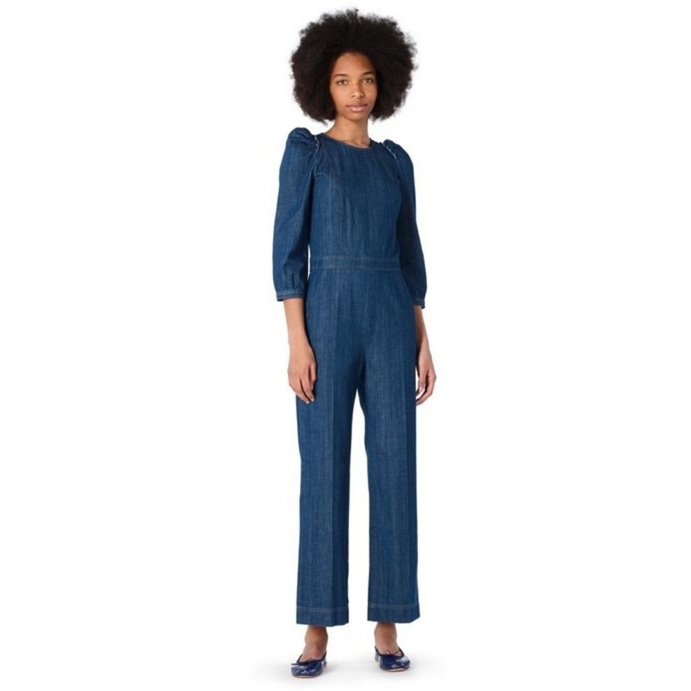 A.P.C. x Goop Denim Jumpsuit Women 34 Blue Puff Sleeve Straight Leg Cotton Boho